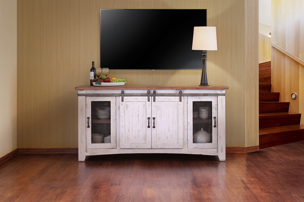 70" White Solid Wood Cabinet Enclosed Storage Distressed TV Stand