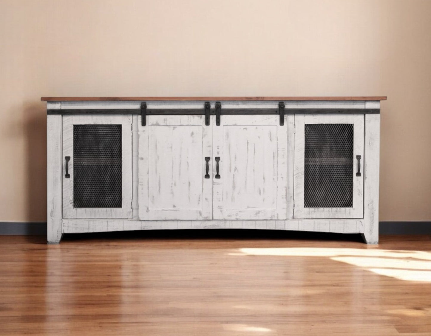 79" White Solid Wood Cabinet Enclosed Storage Distressed TV Stand