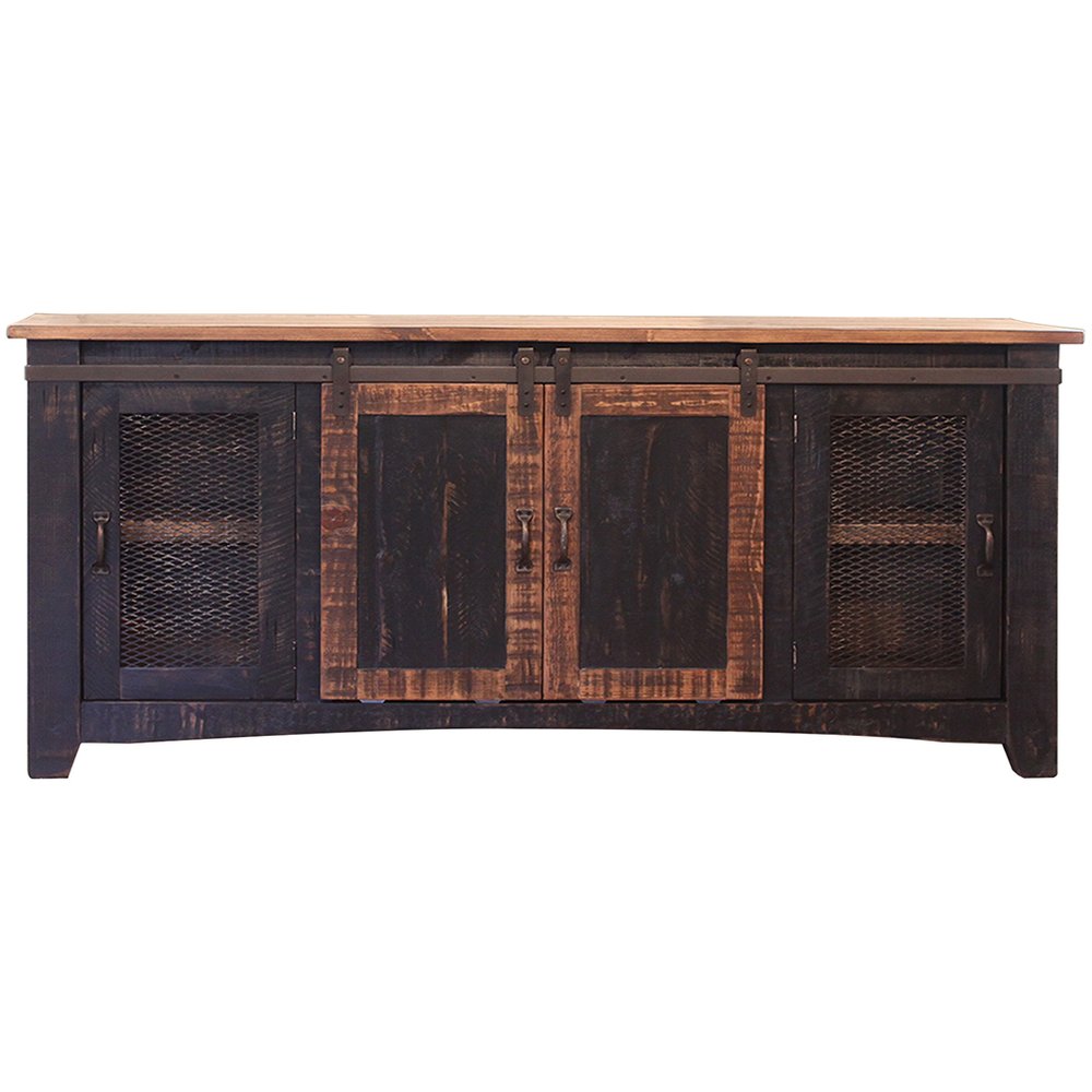 70" Black Solid Wood Cabinet Enclosed Storage Distressed TV Stand