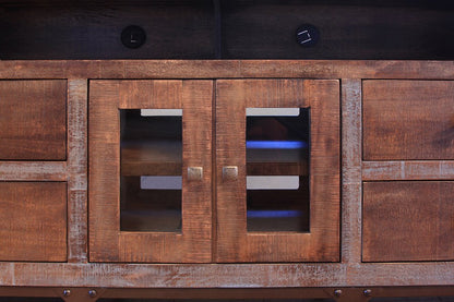 62" Brown Solid Wood Cabinet Enclosed Storage Distressed TV Stand