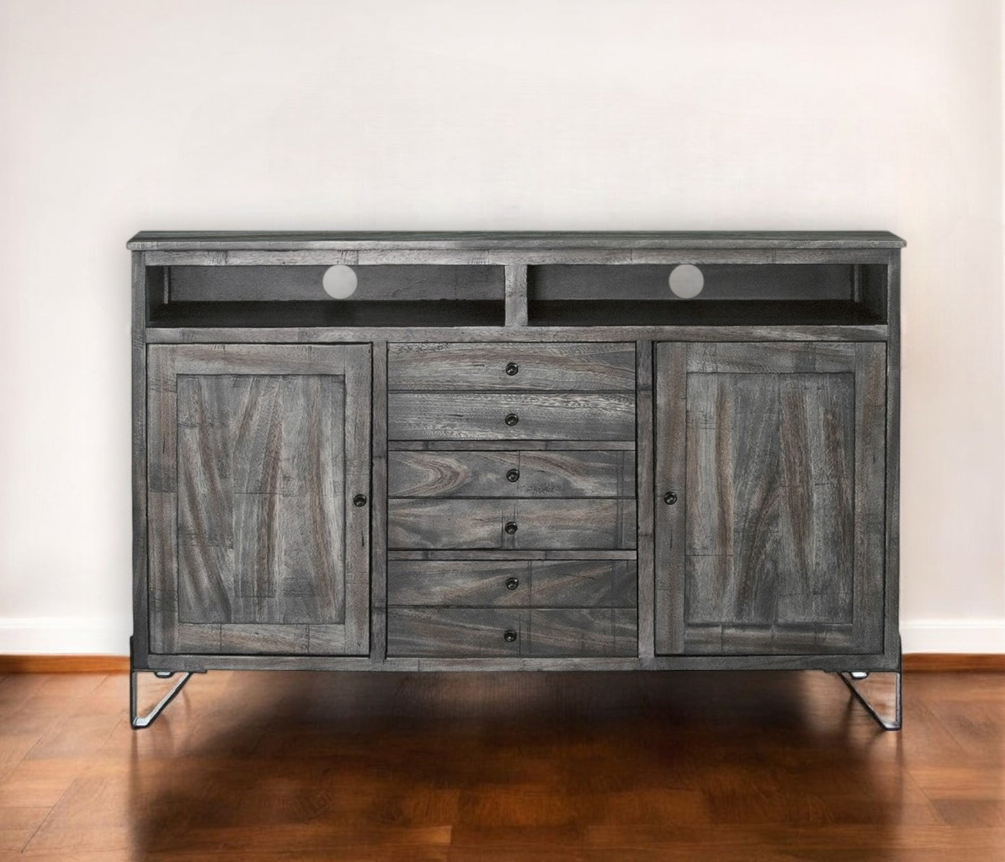 60" Gray Solid Wood Cabinet Enclosed Storage Distressed TV Stand