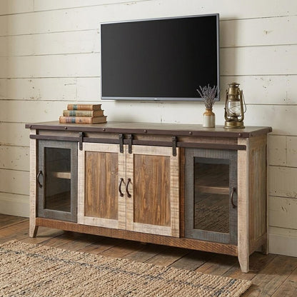 70" Brown Solid Wood Cabinet Enclosed Storage Distressed TV Stand