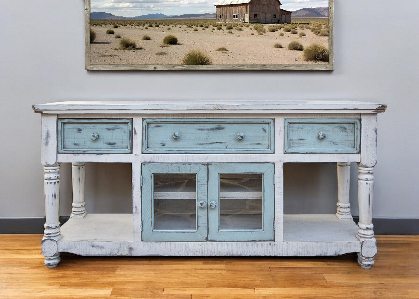 70" Blue and White Solid Wood Open shelving Distressed TV Stand