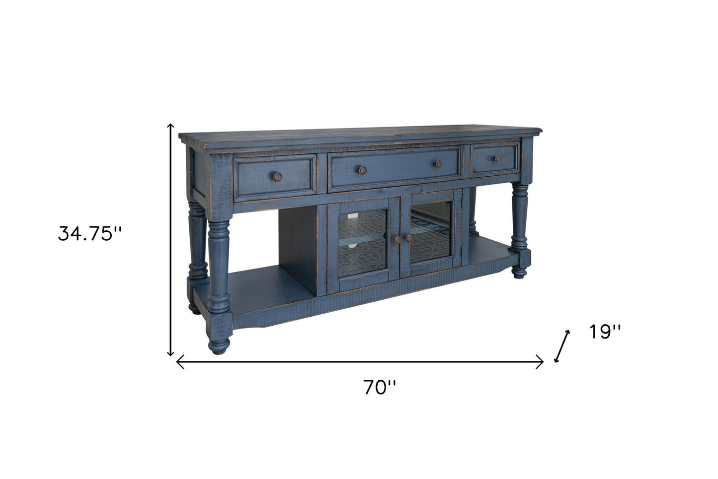 70" Blue Solid Wood Open shelving Distressed TV Stand