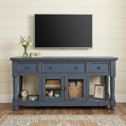 70" Blue Mango Solid Wood Open shelving Distressed TV Stand