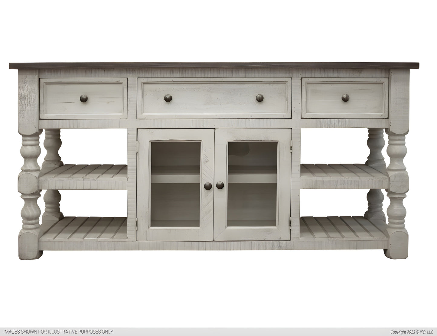 60" Ivory Solid Wood Open shelving Distressed TV Stand