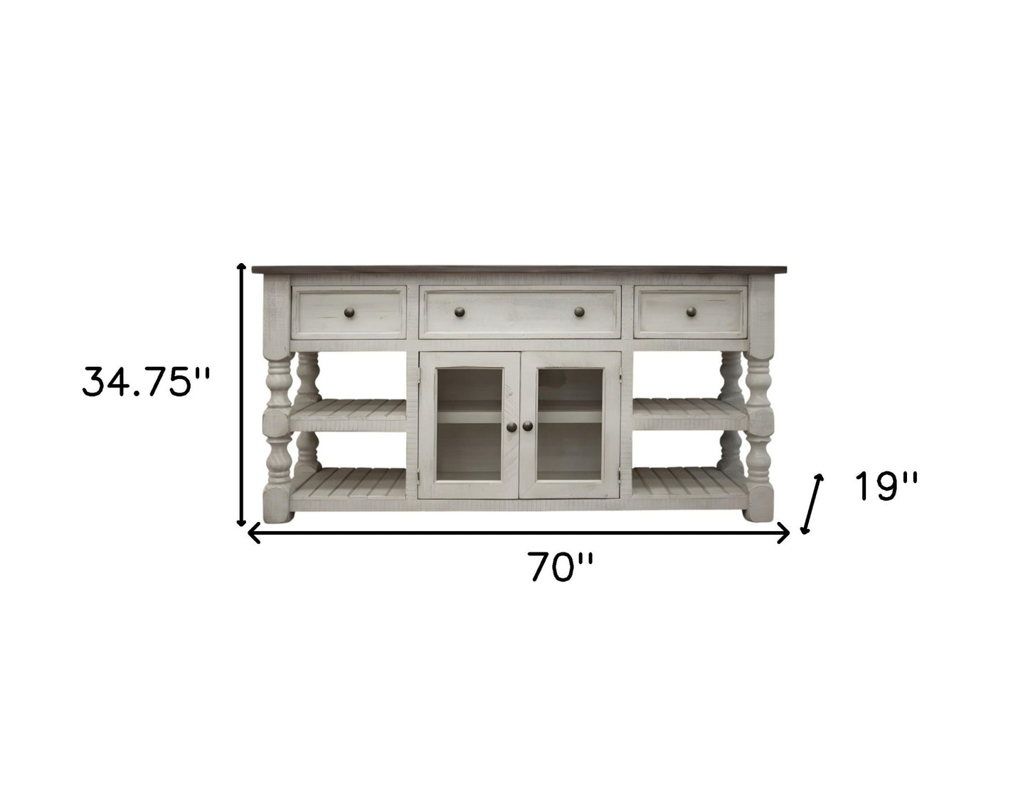 70" Ivory Solid Wood Open shelving Distressed TV Stand