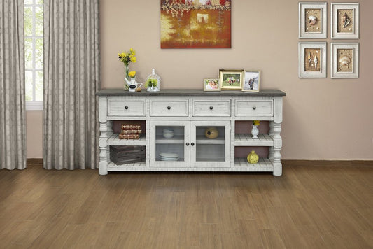 81" Ivory Solid Wood Open shelving Distressed TV Stand