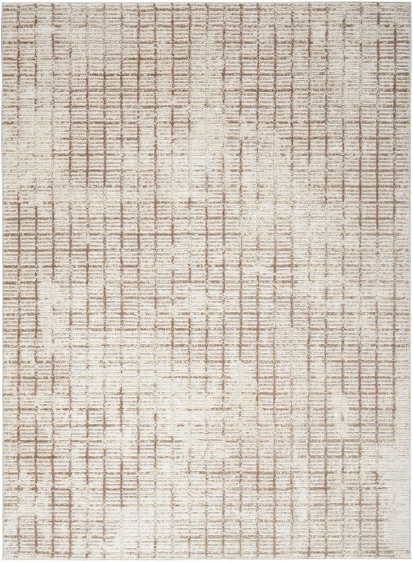 Beige textured rug with a soft woven surface and subtle taupe linear grid pattern.