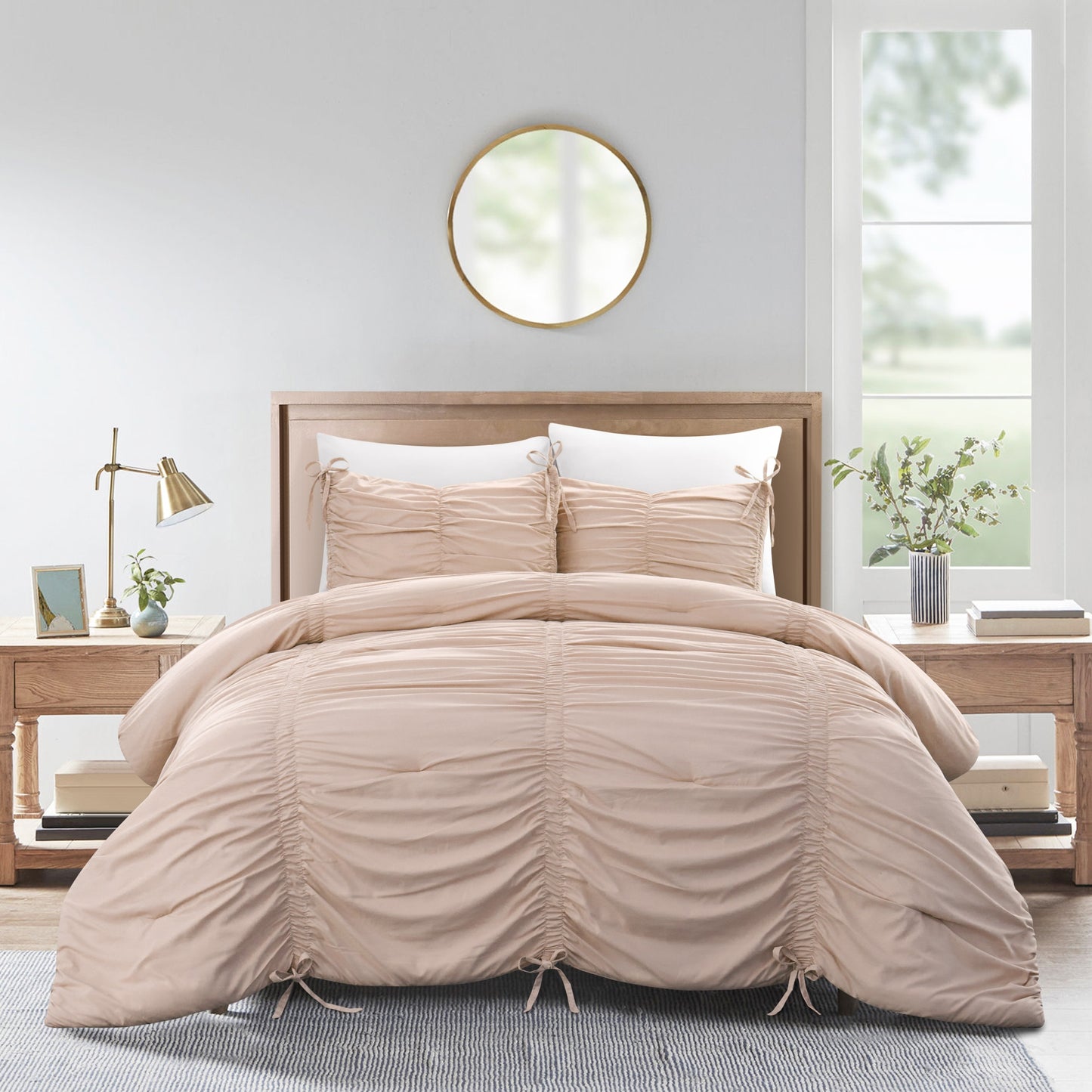 Beige King Polyester 180 Thread Count Washable Down Comforter Set