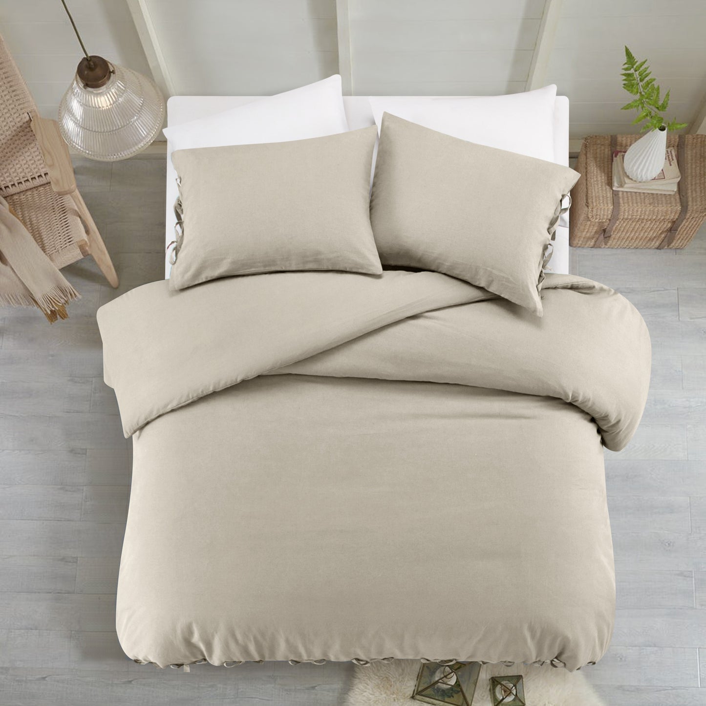 Beige King Linen 220 Thread Count Washable Duvet Cover Set