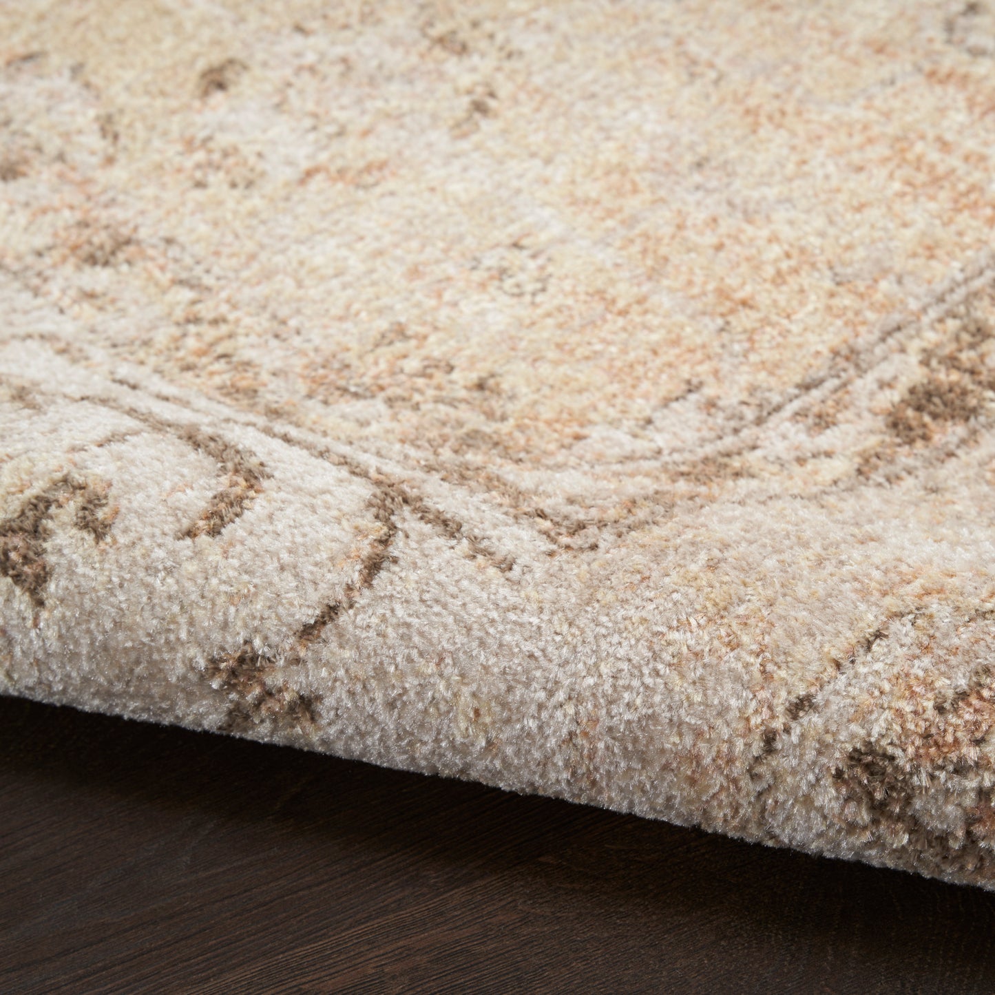 Beige cream plush area rug with subtle geometric motif over dark wood floor