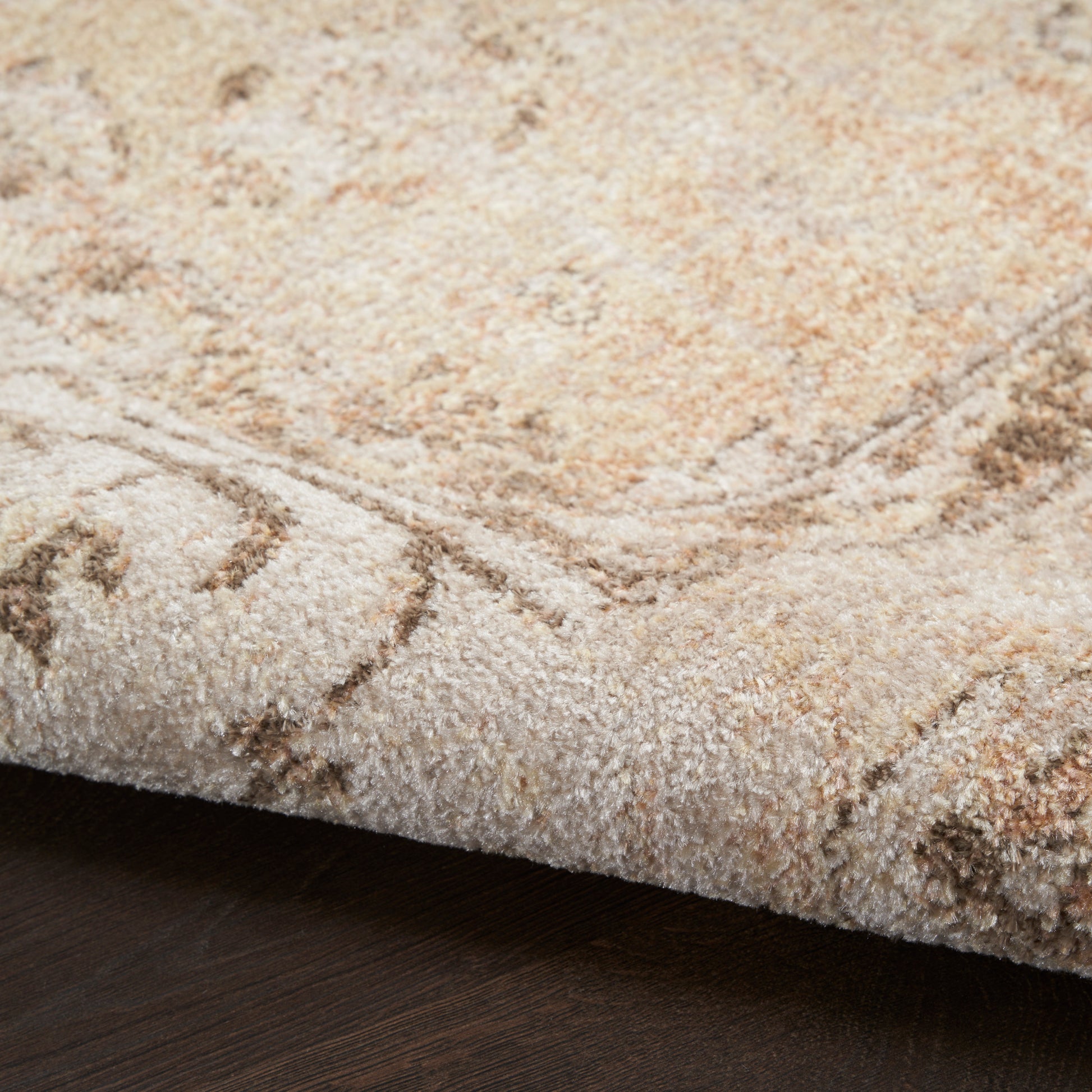 Beige cream plush area rug with subtle geometric motif over dark wood floor