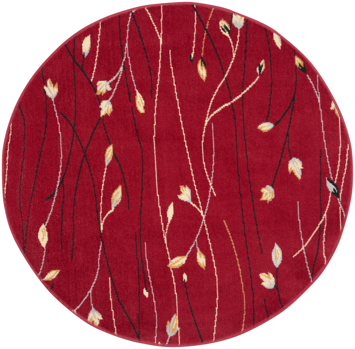 Round red area rug with black and white vine lines and small beige leaf accents, modern botanical style.