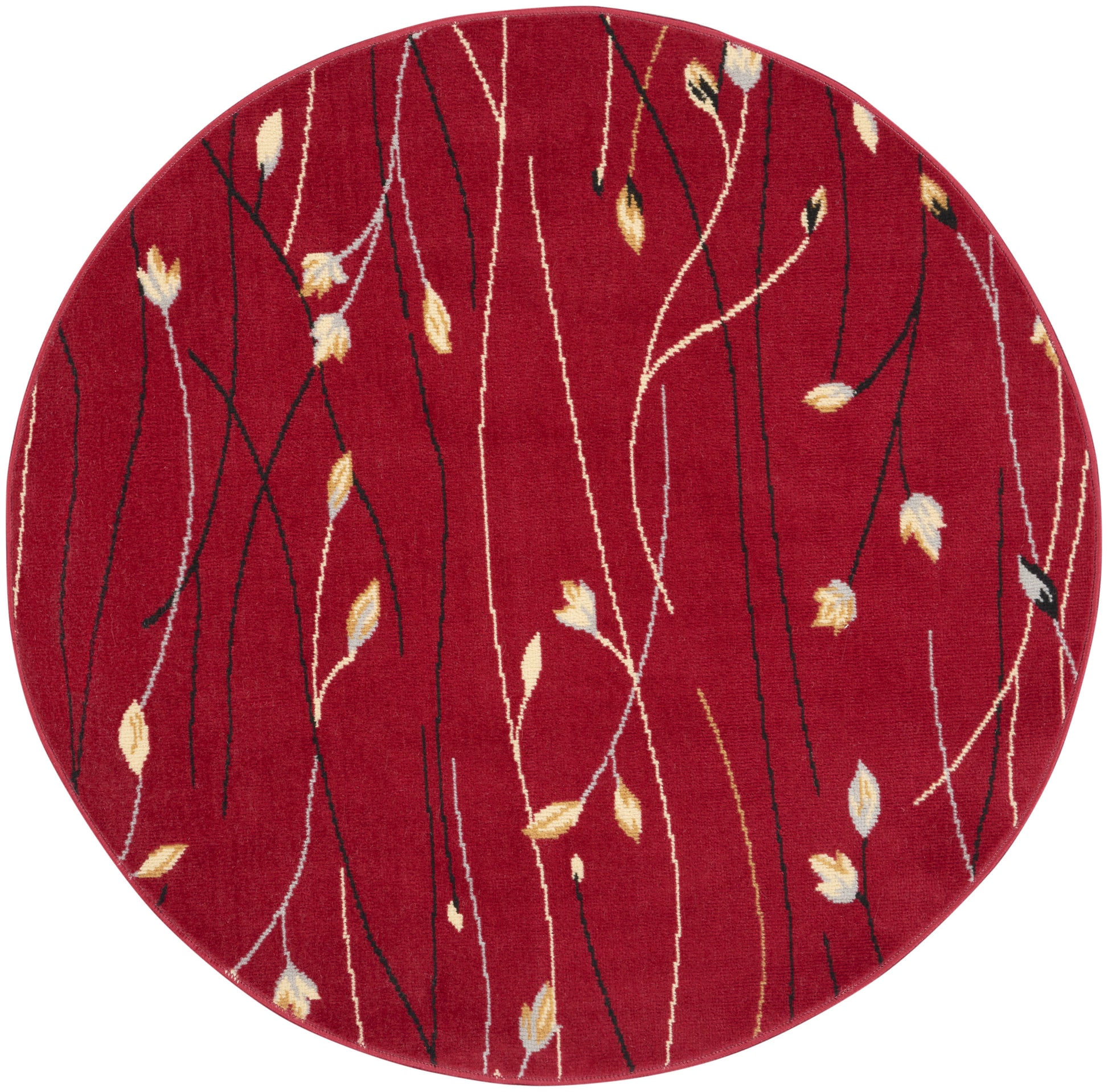 Round red area rug with black and white vine lines and small beige leaf accents, modern botanical style.