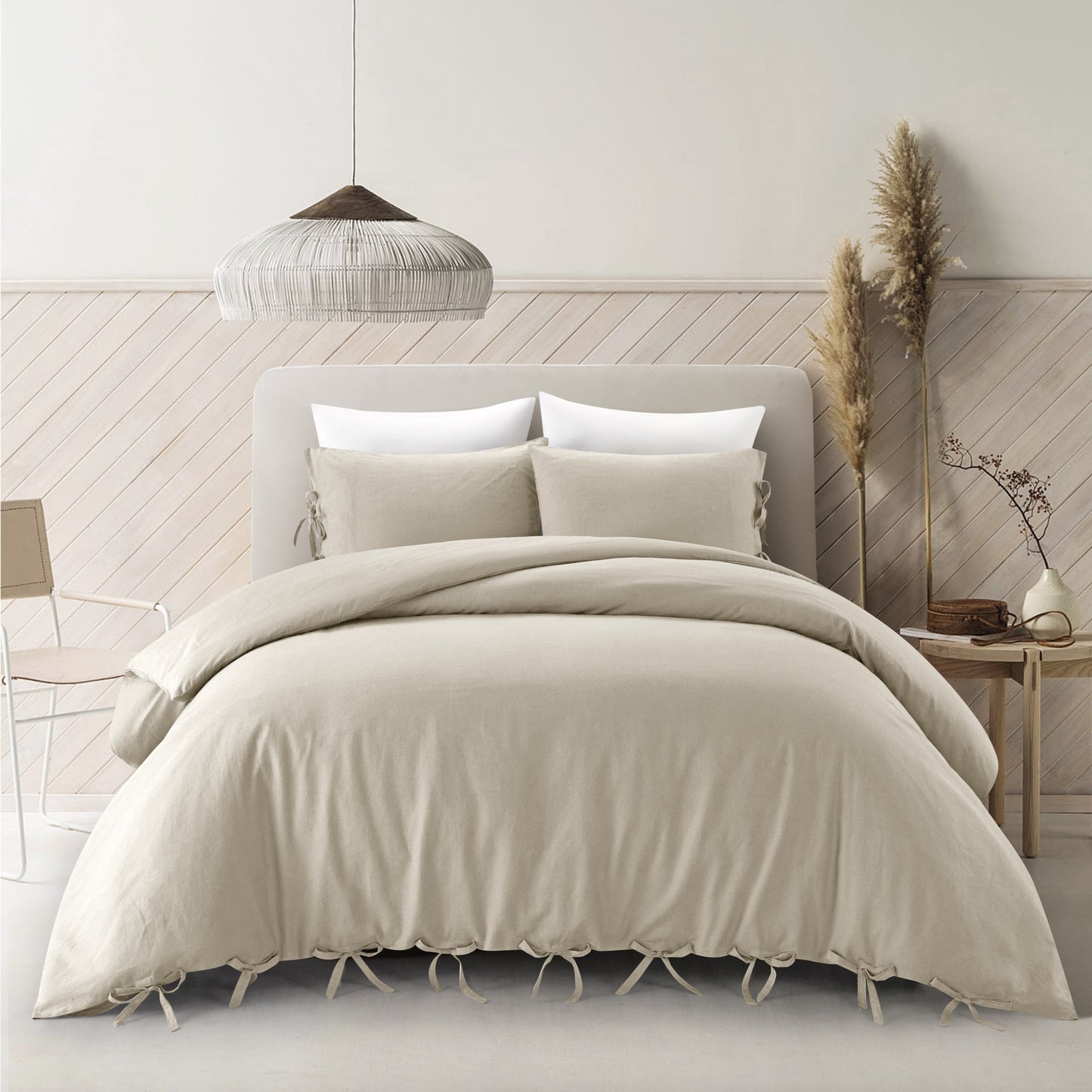 Beige King Linen 220 Thread Count Washable Duvet Cover Set