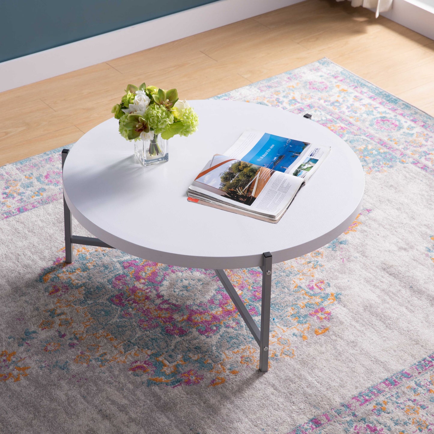 37" White And Silver Stainless Steel Round Coffee Table