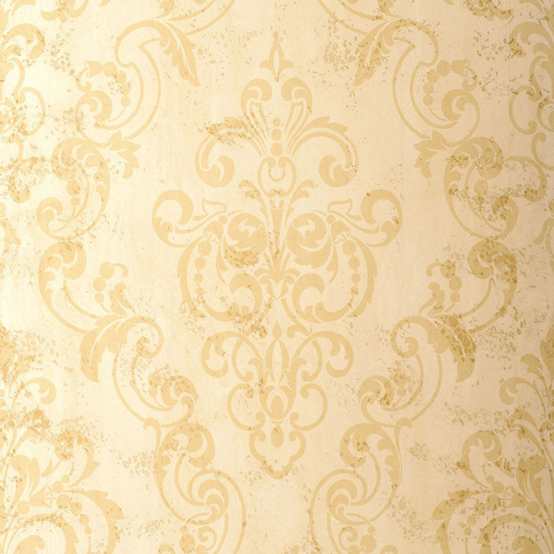 Cream-beige wallpaper with gold damask scroll pattern and subtle distressed texture.