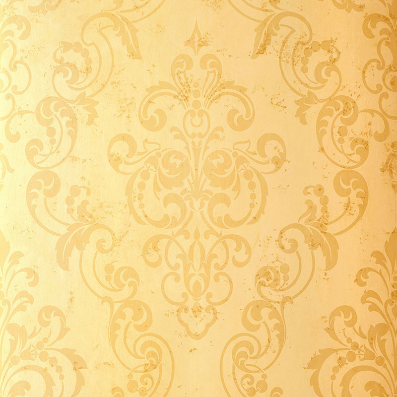 Gold damask pattern wallpaper on pale yellow background; ornate baroque scrollwork for chic interiors.