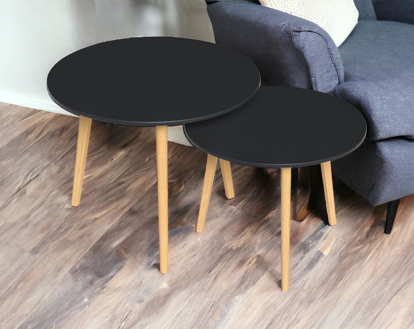 Set Of Two 20" Wood Brown And Black Round Nested Tables