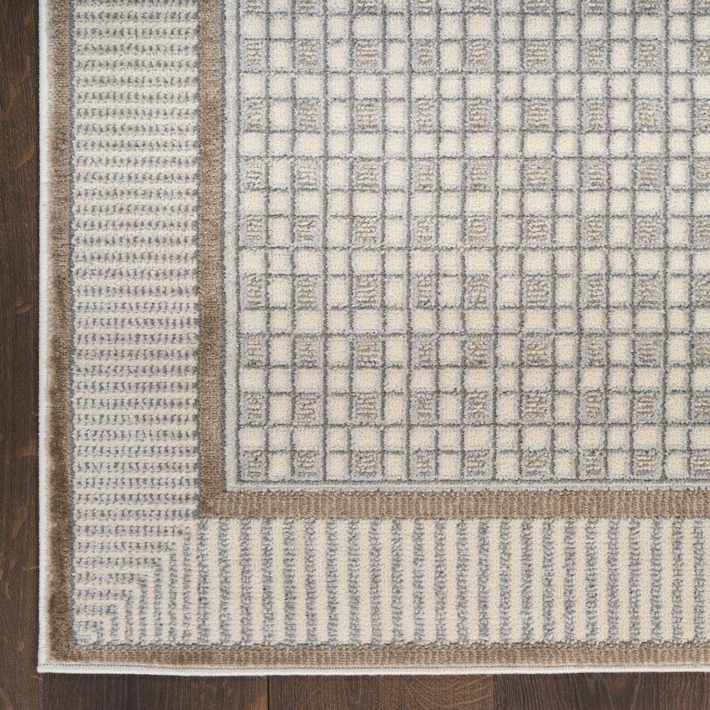 Rectangular woven area rug in ivory with a geometric grid pattern, tan borders and textured edge on dark wood floor.