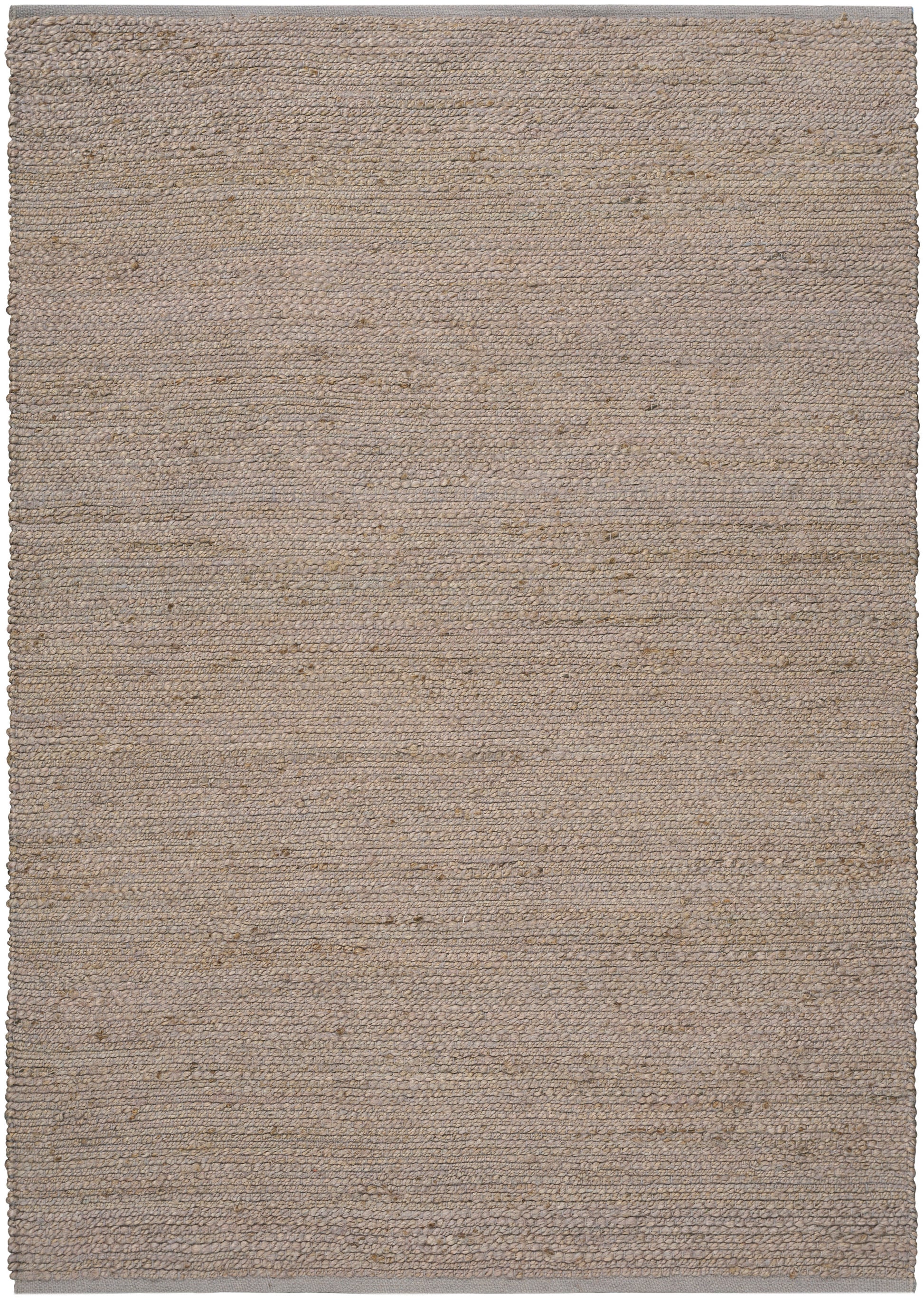 Beige natural-fiber woven rug, rectangular with textured surface and subtle specks for rustic decor.