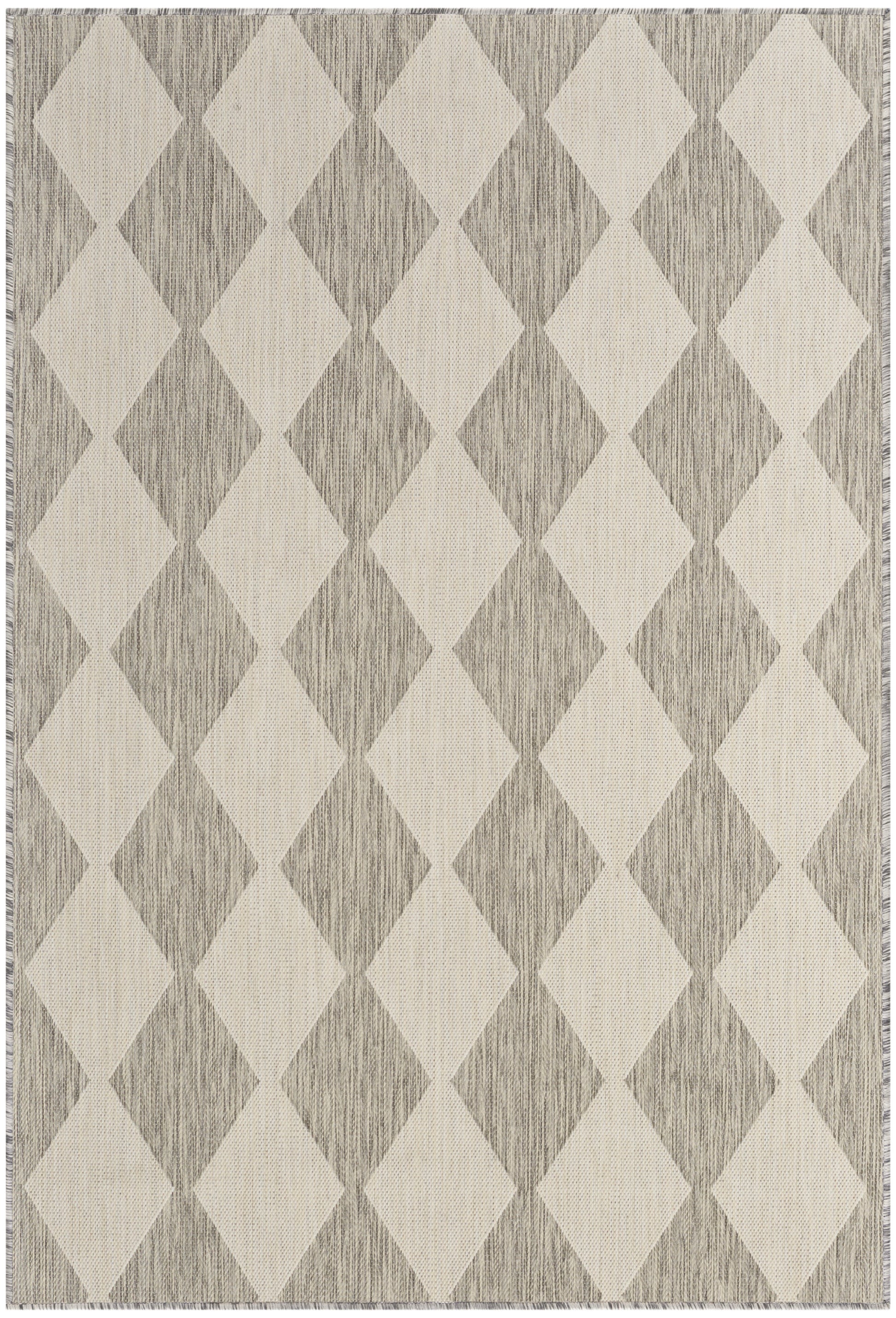 Beige & gray diamond trellis rug with woven texture; modern geometric area rug.
