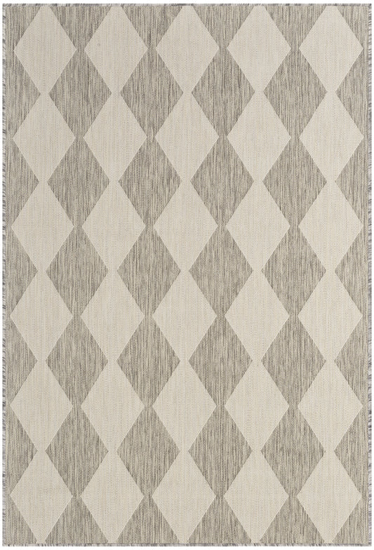 Beige & gray diamond trellis rug with woven texture; modern geometric area rug.