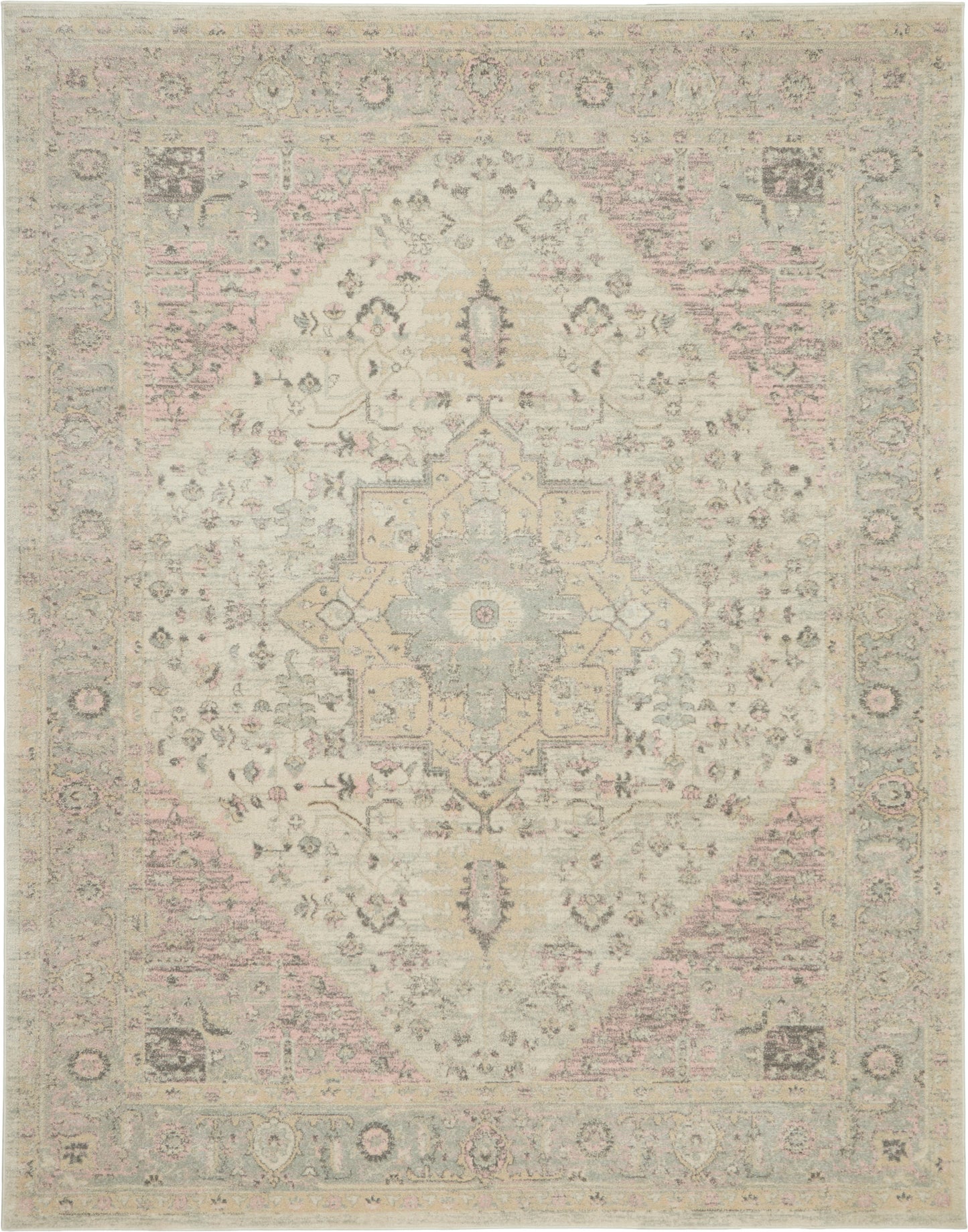 Pastel distressed oriental rug with a central diamond medallion, ivory and pale pink-blue tones, and ornate floral border.
