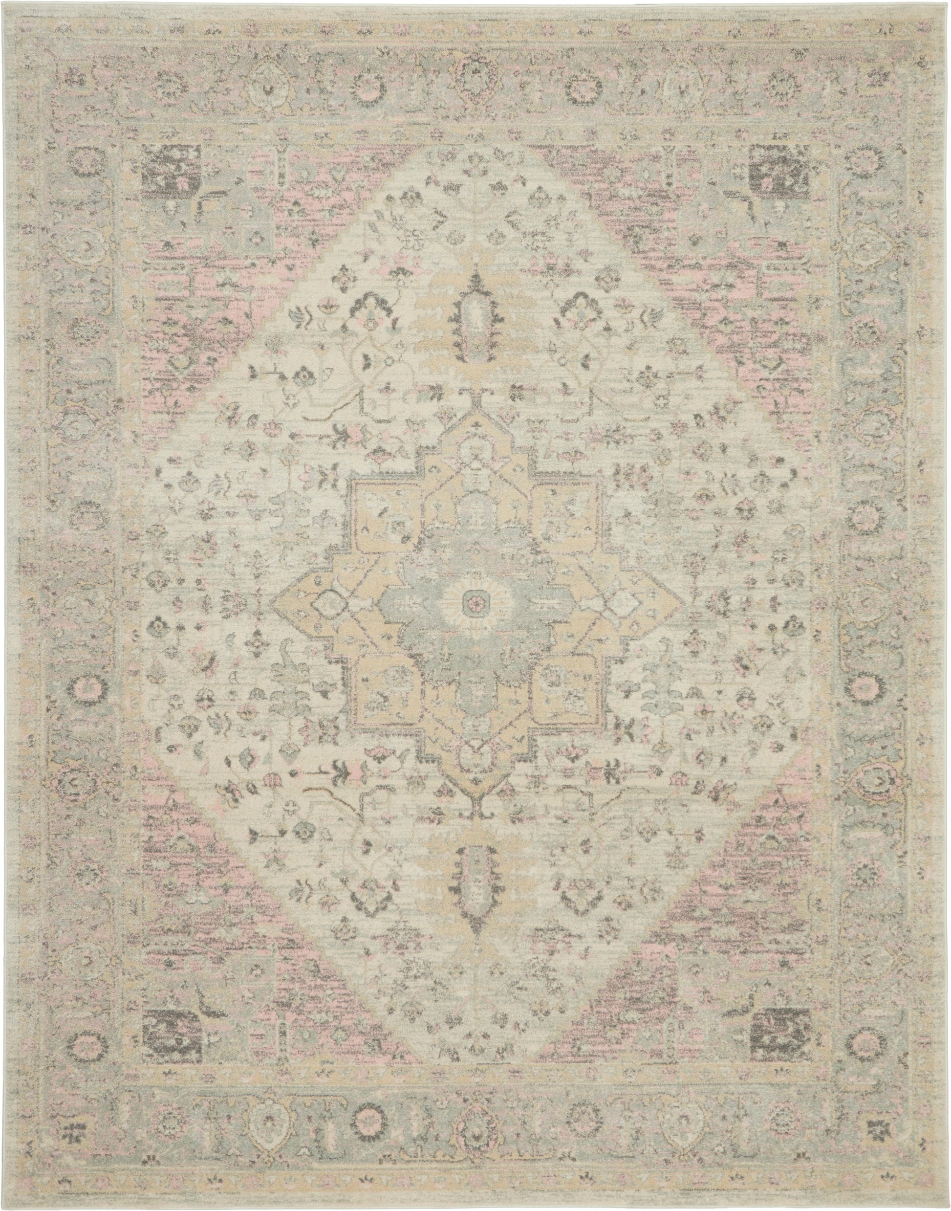 Pastel distressed oriental rug with a central diamond medallion, ivory and pale pink-blue tones, and ornate floral border.