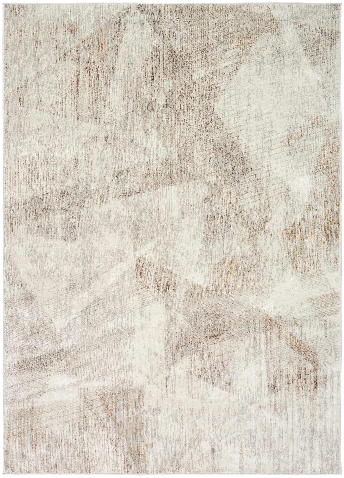 Abstract neutral area rug in beige, taupe and ivory patchwork; soft pile, modern distressed geometric motif.