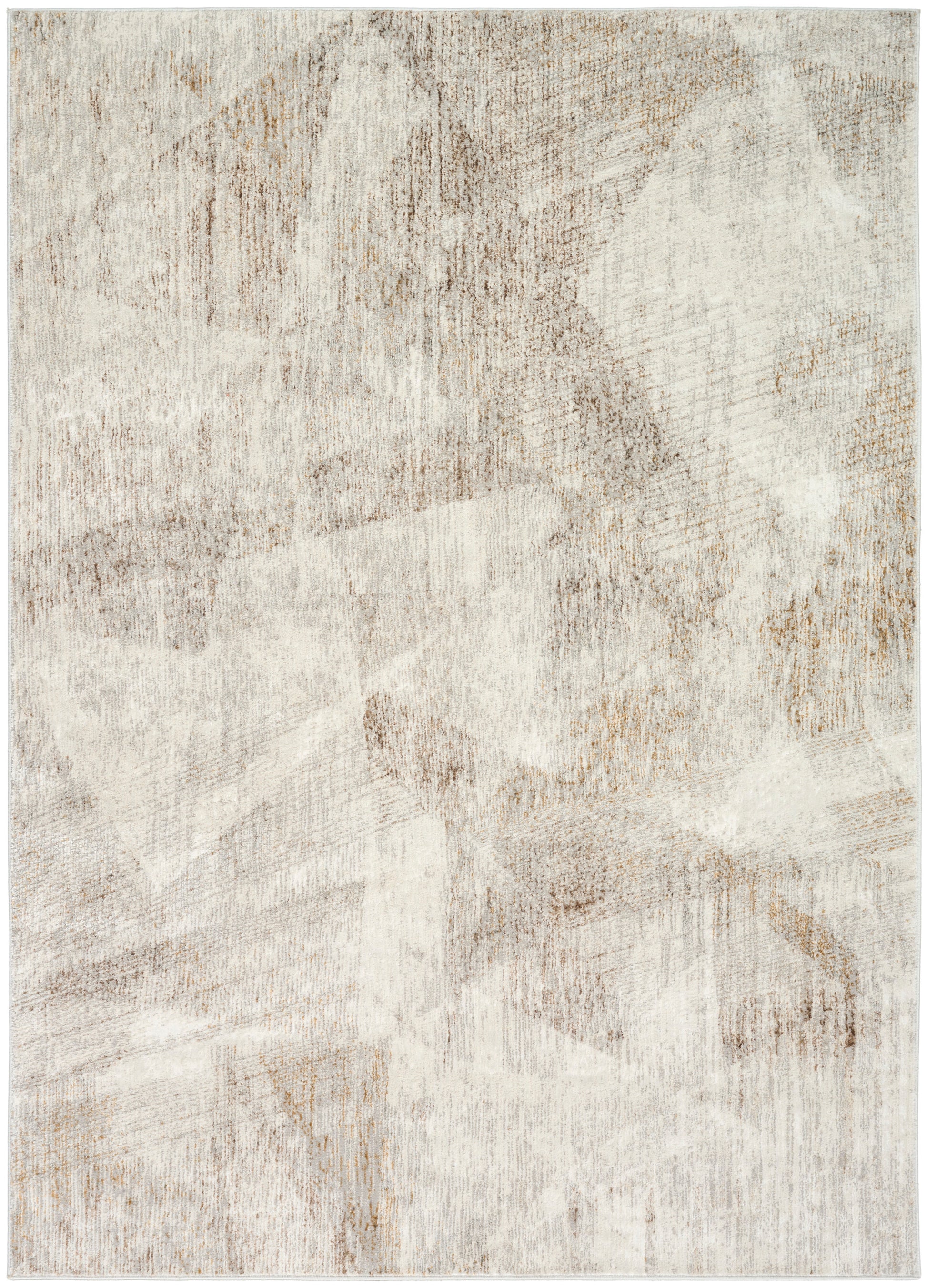 Abstract neutral area rug in beige, taupe and ivory patchwork; soft pile, modern distressed geometric motif.