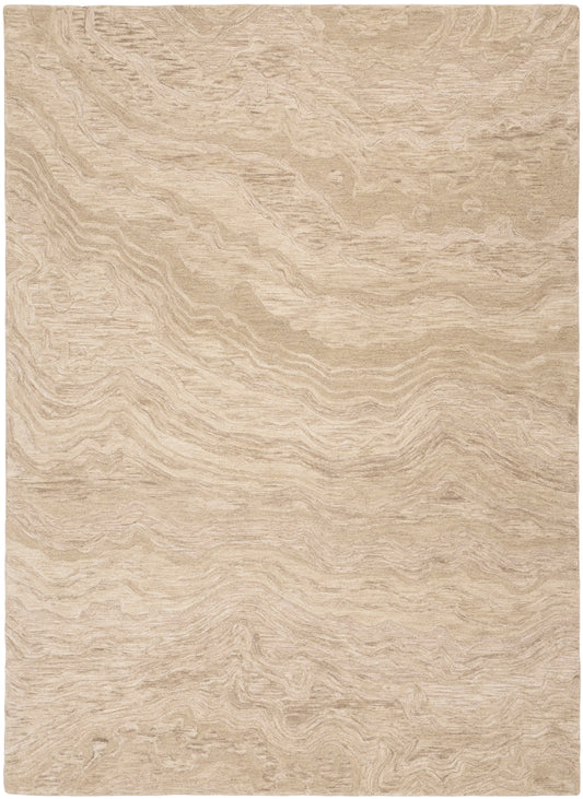 Beige textured area rug with subtle wavy marbled pattern in neutral tones for a modern, cozy look