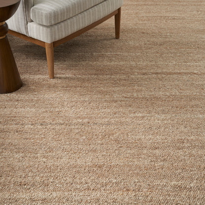 Beige striped natural-fiber woven area rug in farmhouse style, 6' x 8'.