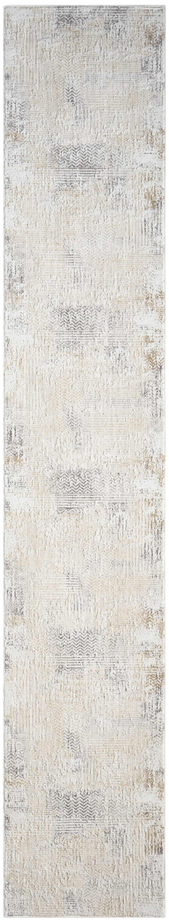 Long beige distressed rug runner with subtle cream, gray and taupe patchwork; rectangular, soft textured decor.