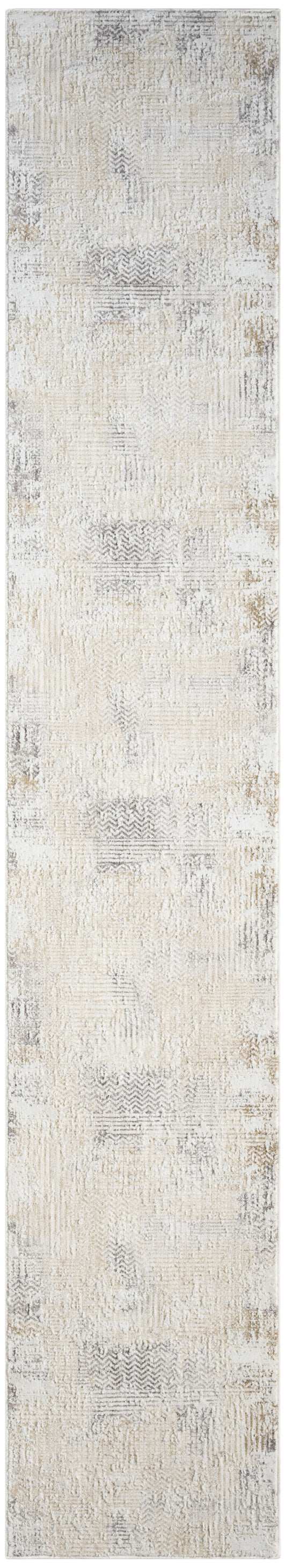 Long beige distressed rug runner with subtle cream, gray and taupe patchwork; rectangular, soft textured decor.