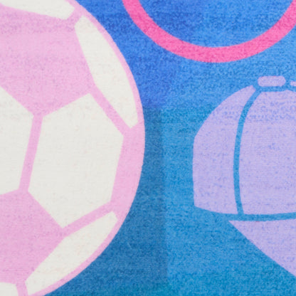 Abstract fabric print with pink and lavender hexagon soccer-ball shapes on blue background.
