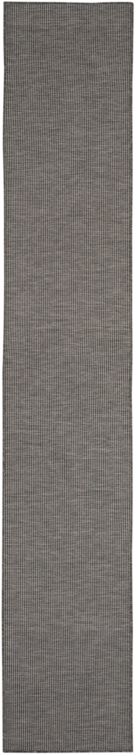 Charcoal gray woven rug runner with tiny grid pattern; long rectangular hallway rug.