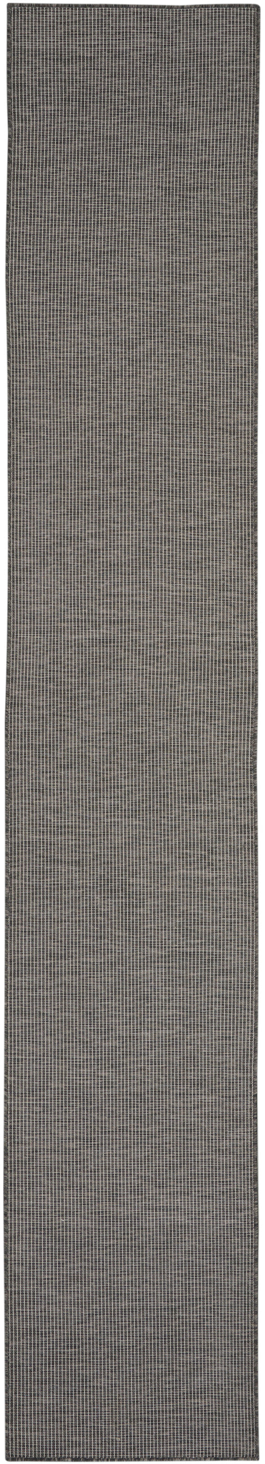 Charcoal gray woven rug runner with tiny grid pattern; long rectangular hallway rug.