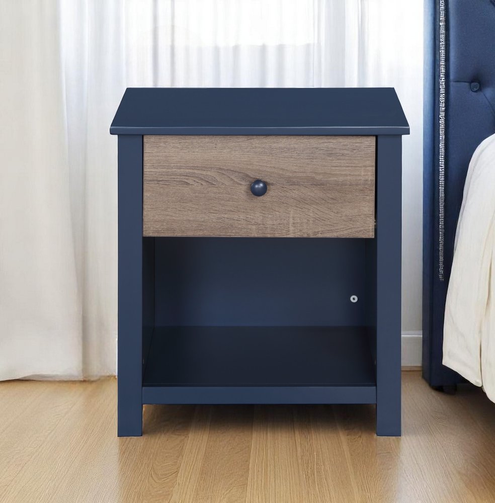 24" Blue Solid Wood and Wood One Drawer Nightstand