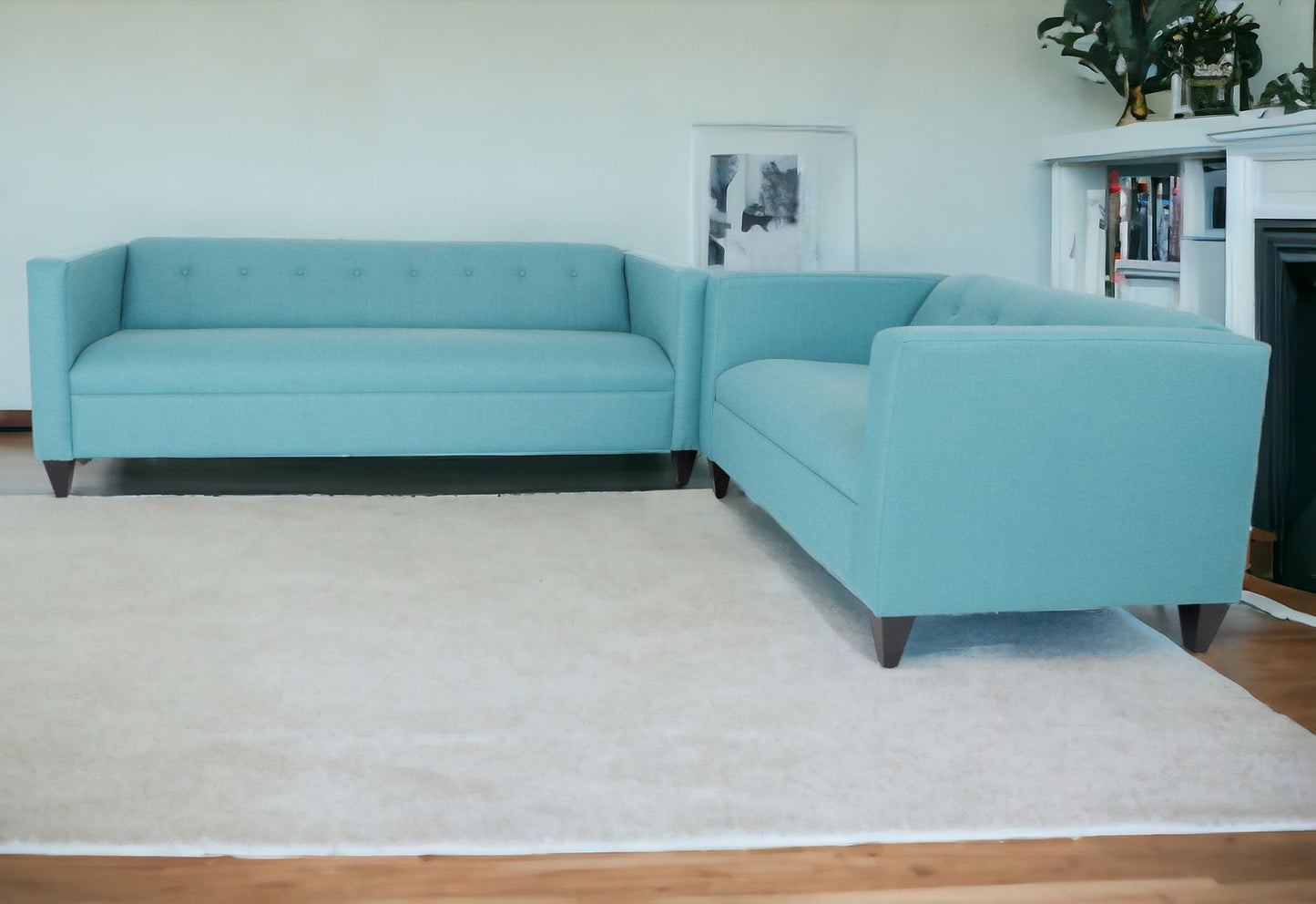 80" Teal Blue Polyester Sofa With Dark Brown Legs