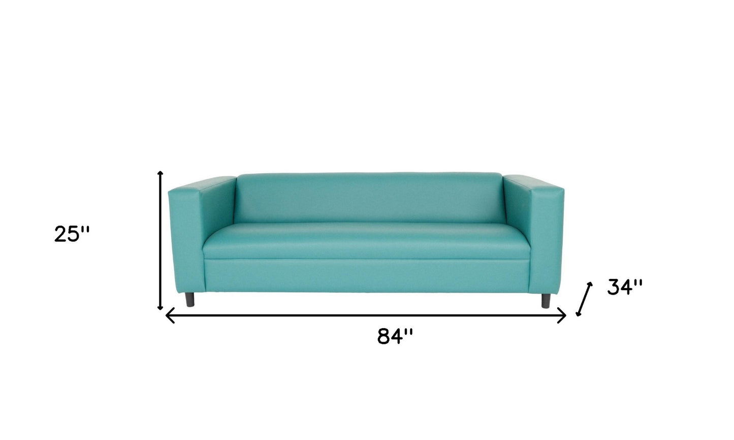 84" Blue Faux Leather Sofa With Black Legs