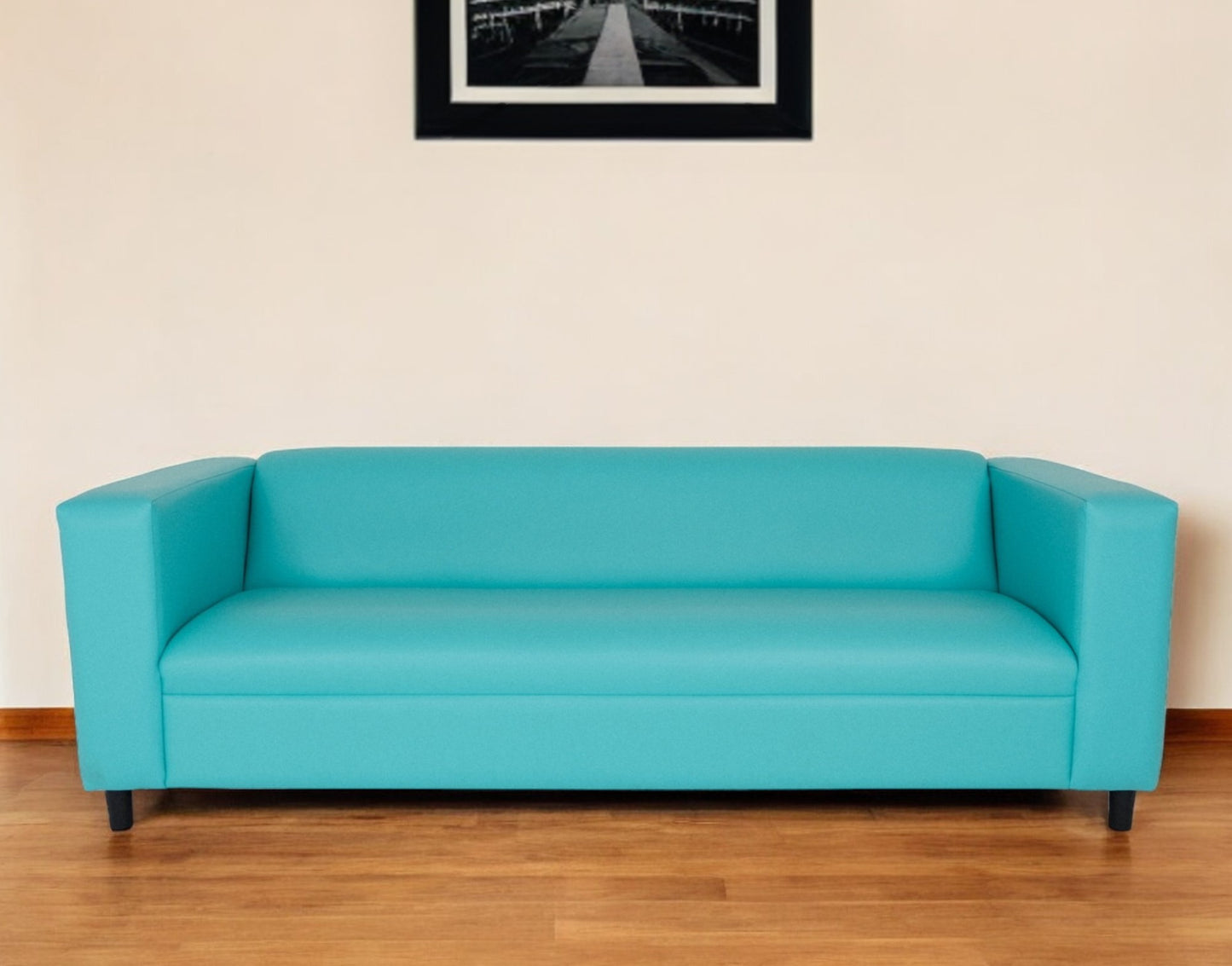 84" Teal Blue Faux Leather Sofa With Black Legs