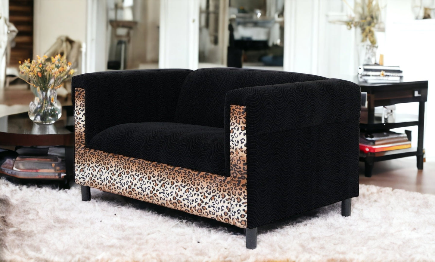 72" Black Velvet Leopard Loveseat