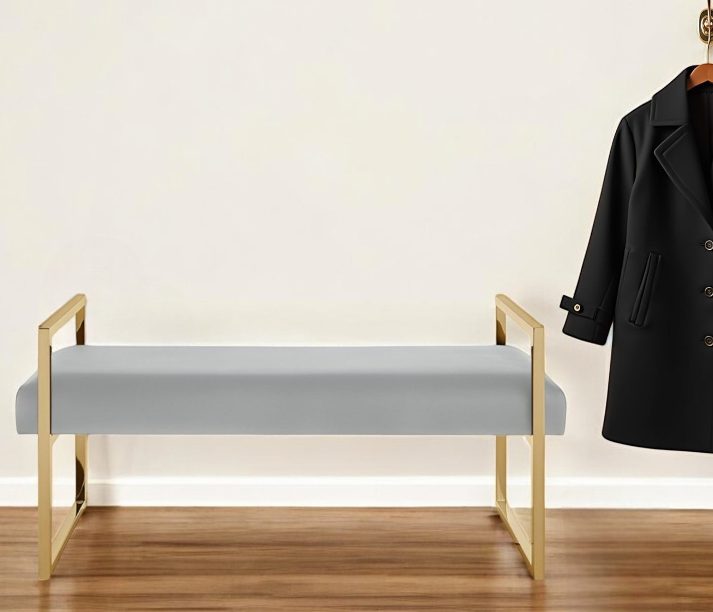 48" Gray and Gold Faux Leather Upholstered Bench