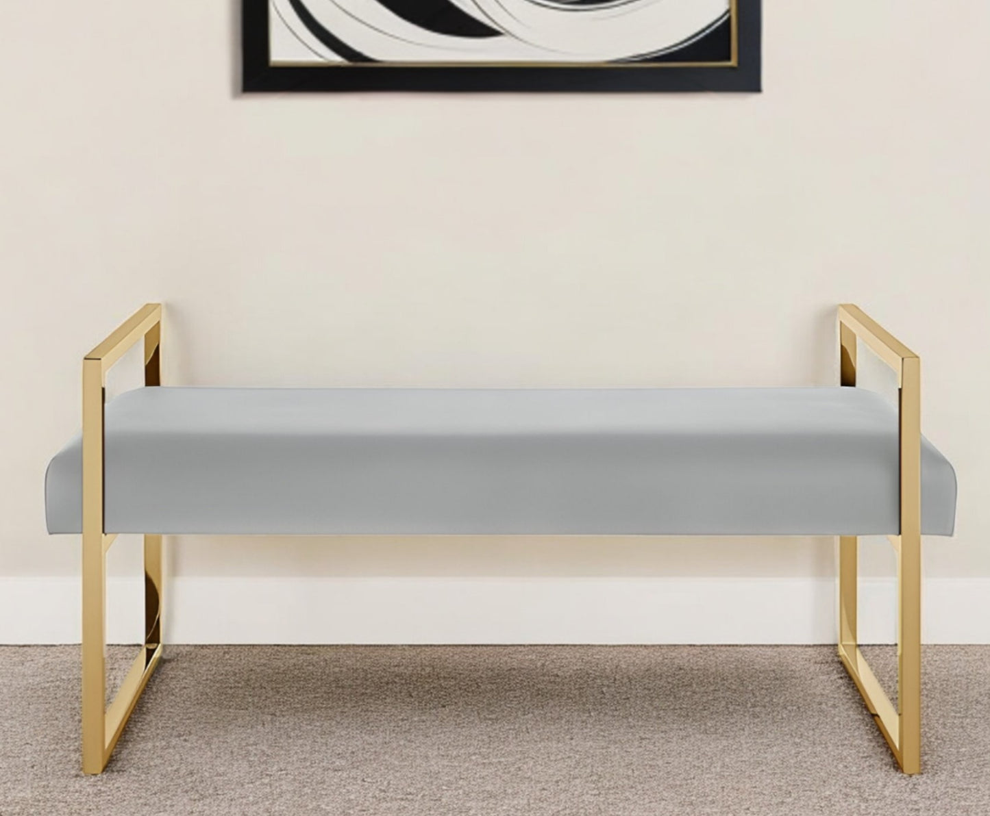 48" Gray and Gold Faux Leather Upholstered Bench