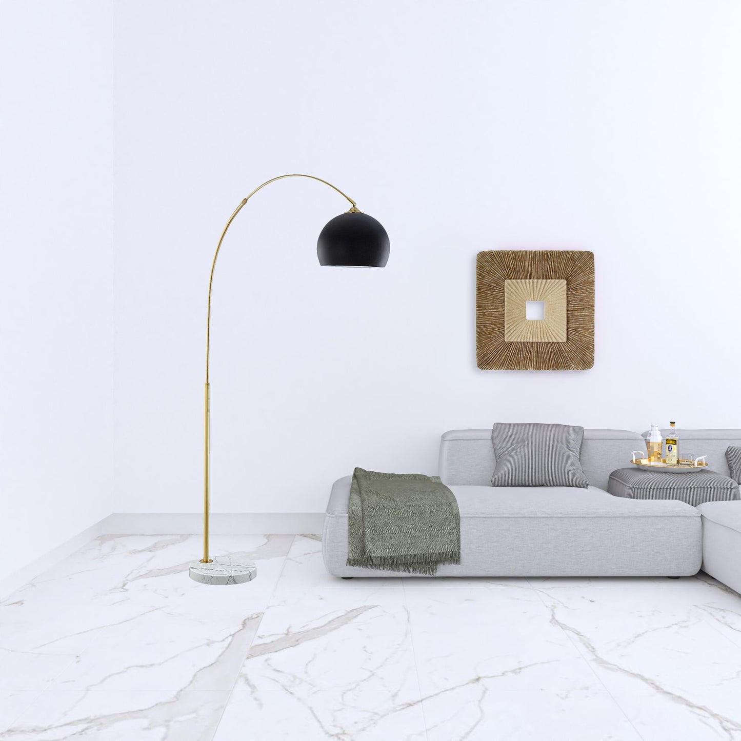 76" Brass Arched Floor Lamp With Black Dome Shade