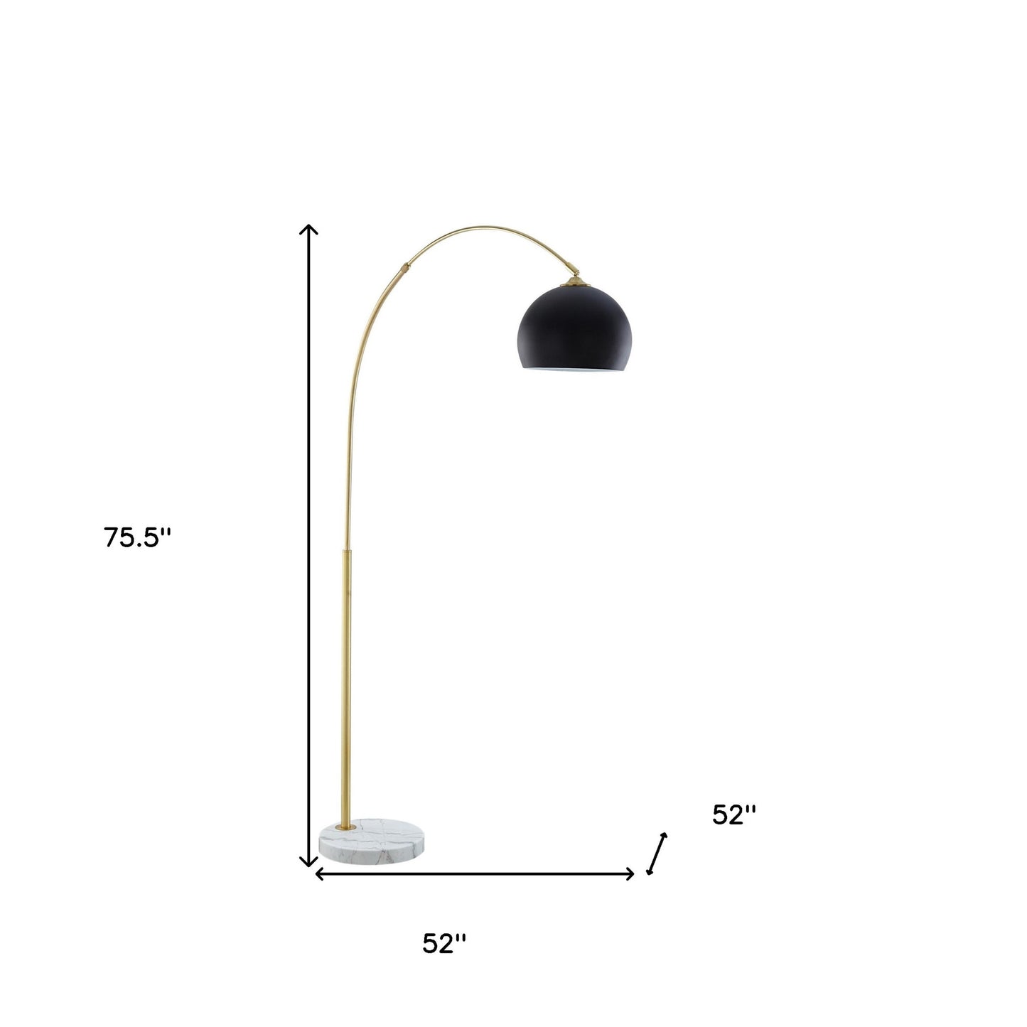 76" Brass Arched Floor Lamp With Black Dome Shade