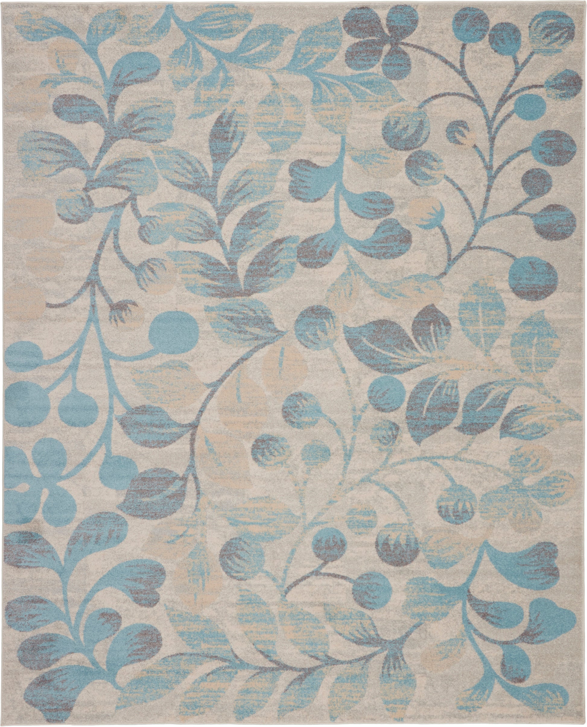 Soft beige area rug with blue botanical vines and round berries; contemporary floral pattern.
