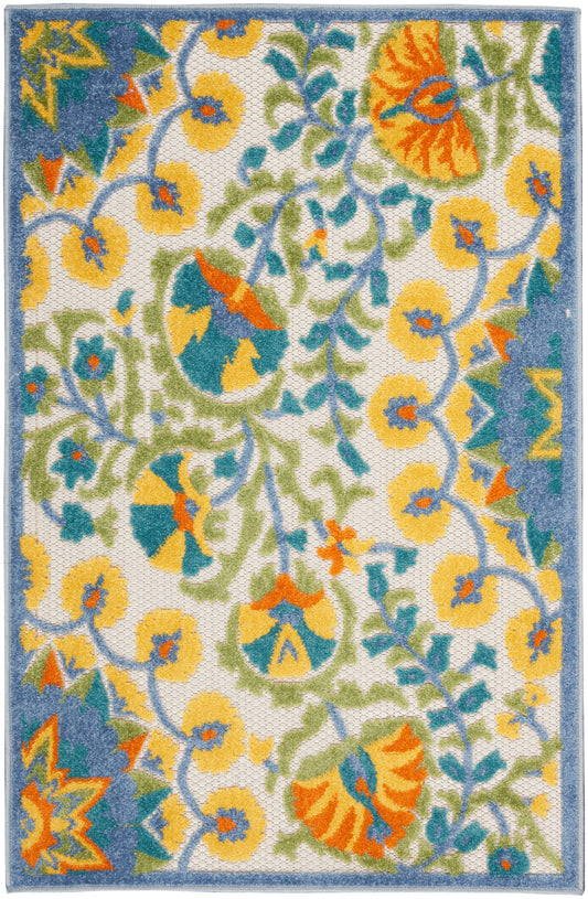 Vibrant floral area rug with blue border, yellow and orange flowers, teal leaves, and green vines on cream background.